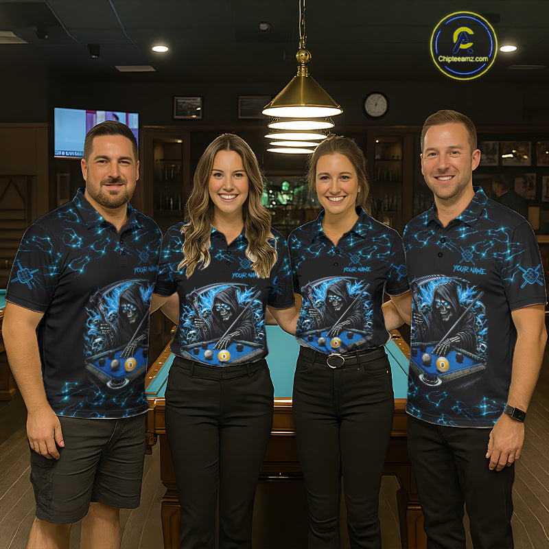 Blue Funny Grim Reaper 9 Ball Pool Men Billiard Shirts Custom Lightning Billiard Jerseys TDM7897