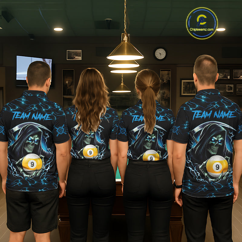 Blue Funny Grim Reaper 9 Ball Pool Men Billiard Shirts Custom Lightning Billiard Jerseys TDM7897