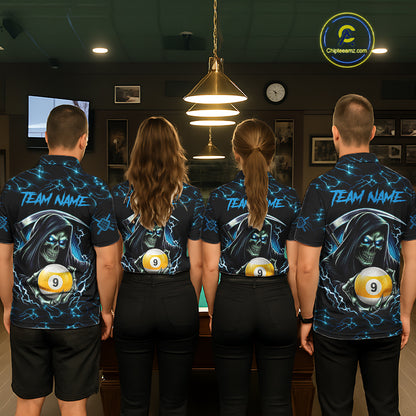 Blue Funny Grim Reaper 9 Ball Pool Men Billiard Shirts Custom Lightning Billiard Jerseys TDM7897
