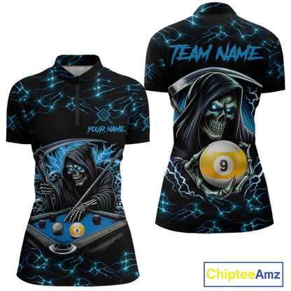 Blue Funny Grim Reaper 9 Ball Pool Women Billiard Shirts Custom Lightning Billiard Jerseys TDM7897