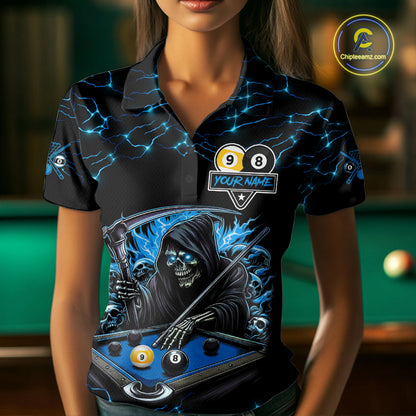 Blue Grim Reaper Yin-Yang Lightning Billiard Shirts For Women Custom 8 Ball & 9 Ball Pool Team Jersey TDM7898