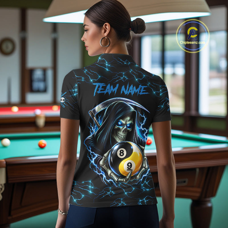 Blue Grim Reaper Yin-Yang Lightning Billiard Shirts For Women Custom 8 Ball & 9 Ball Pool Team Jersey TDM7898