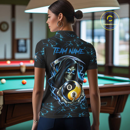 Blue Grim Reaper Yin-Yang Lightning Billiard Shirts For Women Custom 8 Ball & 9 Ball Pool Team Jersey TDM7898