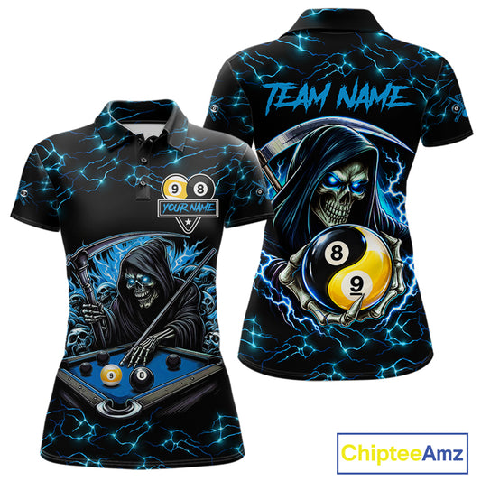 Blue Grim Reaper Yin-Yang Lightning Billiard Shirts For Women Custom 8 Ball & 9 Ball Pool Team Jersey TDM7898