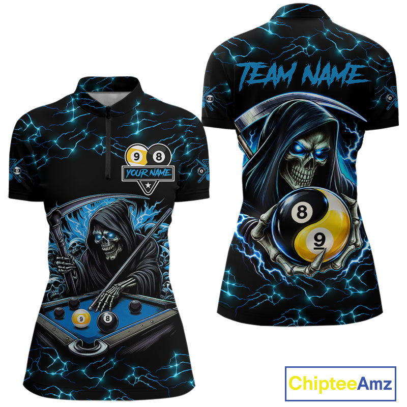 Blue Grim Reaper Yin-Yang Lightning Billiard Shirts For Women Custom 8 Ball & 9 Ball Pool Team Jersey TDM7898