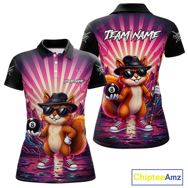 Funny Squirrel 8 Ball Billiard Shirt For Women Custom Pink Graffiti Pool Team Jersey Polo & 1/4 Zip TDM7899