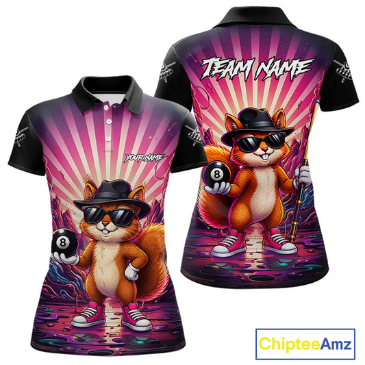 Funny Squirrel 8 Ball Billiard Shirt For Women Custom Pink Graffiti Pool Team Jersey Polo & 1/4 Zip TDM7899