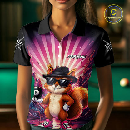 Funny Squirrel 8 Ball Billiard Shirt For Women Custom Pink Graffiti Pool Team Jersey Polo & 1/4 Zip TDM7899