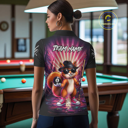Funny Squirrel 8 Ball Billiard Shirt For Women Custom Pink Graffiti Pool Team Jersey Polo & 1/4 Zip TDM7899