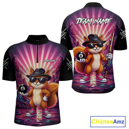 Funny Squirrel 8 Ball Billiard Shirt For Men Custom Pink Graffiti Pool Team Jersey Polo & 1/4 Zip TDM7899