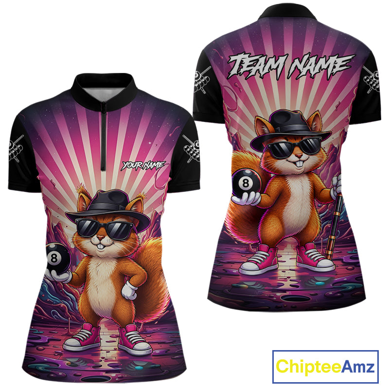 Funny Squirrel 8 Ball Billiard Shirt For Women Custom Pink Graffiti Pool Team Jersey Polo & 1/4 Zip TDM7899