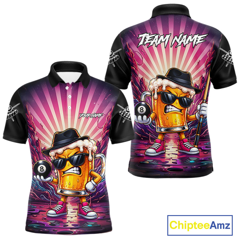 Funny Beer 8 Ball Billiard Shirt For Men Custom Pink Graffiti Pool Team Jersey Polo & 1/4 Zip TDM7900