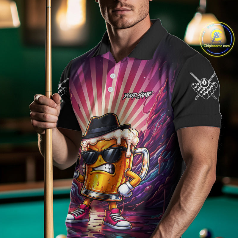 Funny Beer 8 Ball Billiard Shirt For Men Custom Pink Graffiti Pool Team Jersey Polo & 1/4 Zip TDM7900
