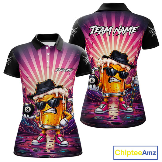 Funny Beer 8 Ball Billiard Shirt For Women Custom Pink Graffiti Pool Team Jersey Polo & 1/4 Zip TDM7900