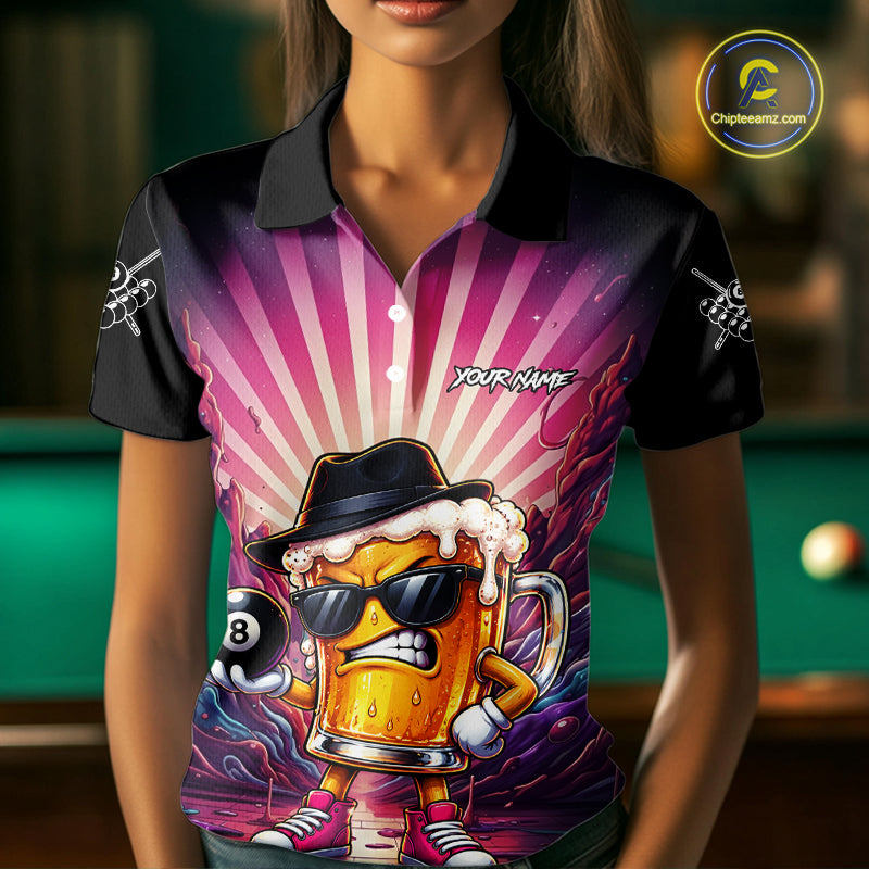 Funny Beer 8 Ball Billiard Shirt For Women Custom Pink Graffiti Pool Team Jersey Polo & 1/4 Zip TDM7900