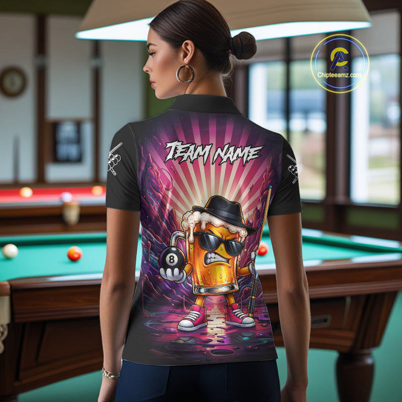 Funny Beer 8 Ball Billiard Shirt For Women Custom Pink Graffiti Pool Team Jersey Polo & 1/4 Zip TDM7900