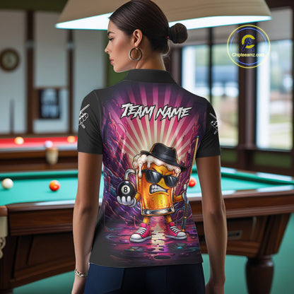 Funny Beer 8 Ball Billiard Shirt For Women Custom Pink Graffiti Pool Team Jersey Polo & 1/4 Zip TDM7900