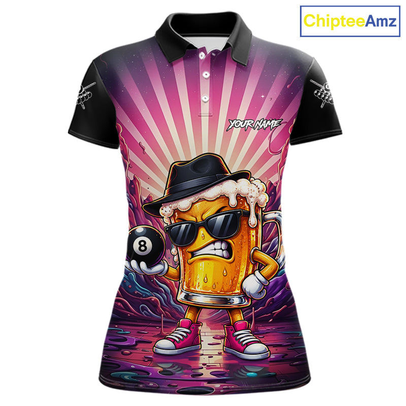 Funny Beer 8 Ball Billiard Shirt For Women Custom Pink Graffiti Pool Team Jersey Polo & 1/4 Zip TDM7900