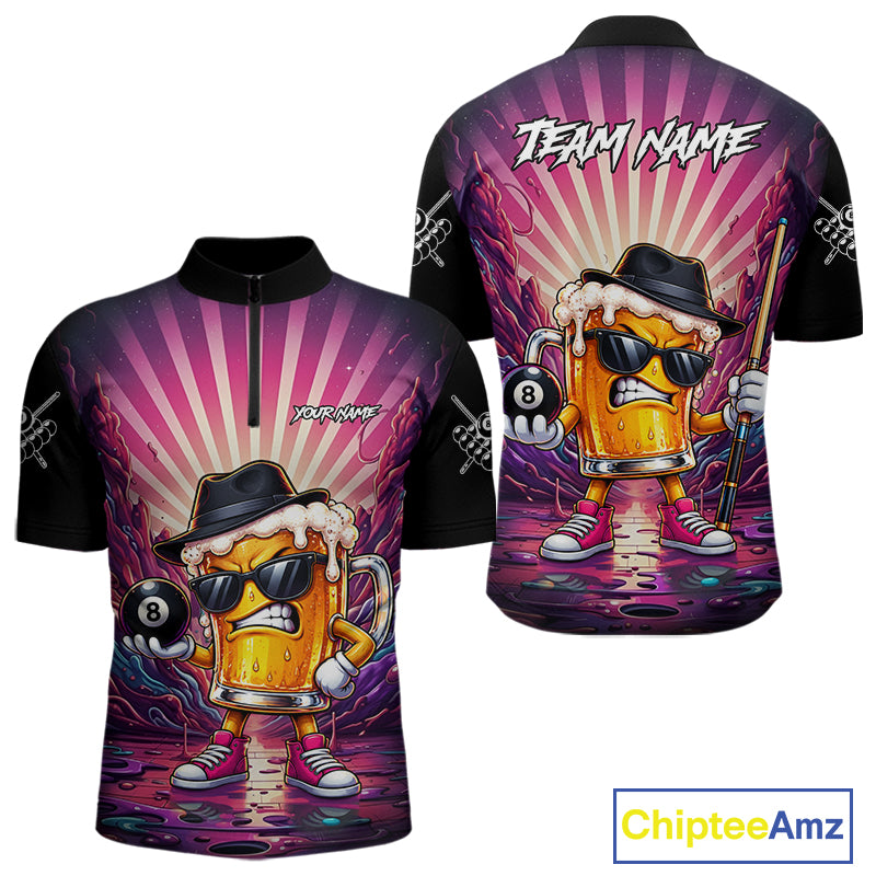 Funny Beer 8 Ball Billiard Shirt For Men Custom Pink Graffiti Pool Team Jersey Polo & 1/4 Zip TDM7900