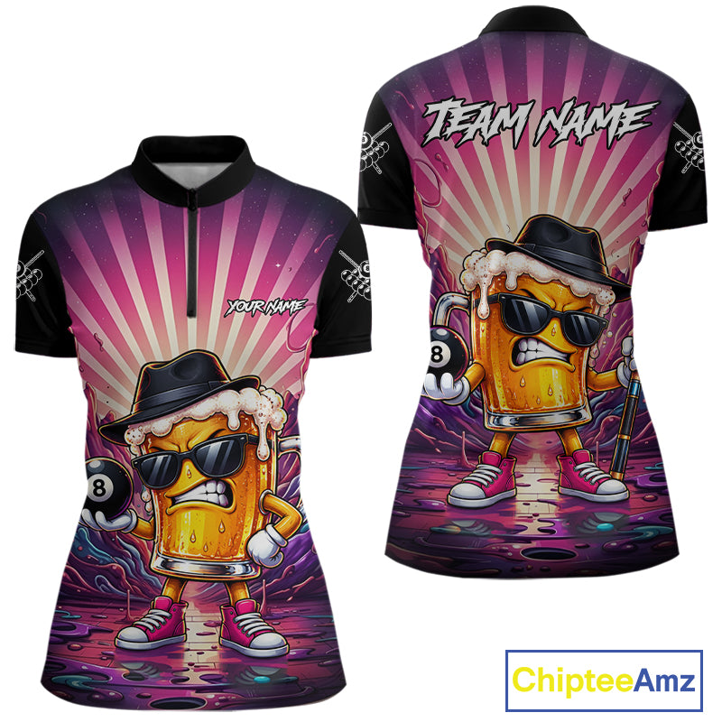 Funny Beer 8 Ball Billiard Shirt For Women Custom Pink Graffiti Pool Team Jersey Polo & 1/4 Zip TDM7900