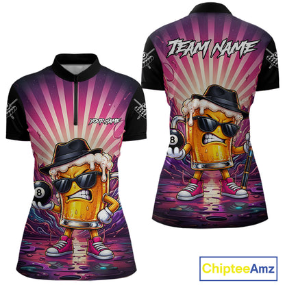 Funny Beer 8 Ball Billiard Shirt For Women Custom Pink Graffiti Pool Team Jersey Polo & 1/4 Zip TDM7900