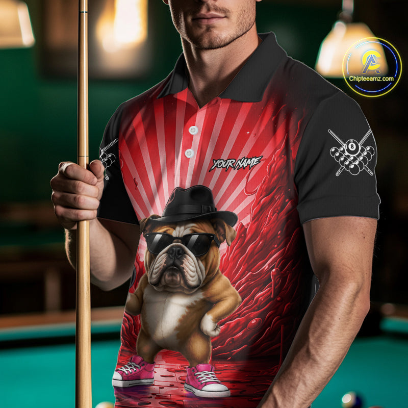 Funny Bulldog 8 Ball Billiard Shirt For Men Custom Red Graffiti Billiard Jersey Team Polo, 1/4 Zip TDM7901