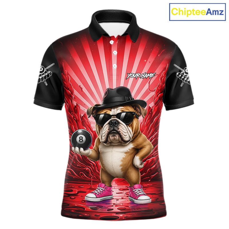 Funny Bulldog 8 Ball Billiard Shirt For Men Custom Red Graffiti Billiard Jersey Team Polo, 1/4 Zip TDM7901