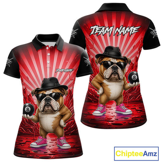 Funny Bulldog 8 Ball Billiard Shirt For Women Custom Red Graffiti Billiard Jersey Team Polo, 1/4 Zip TDM7901