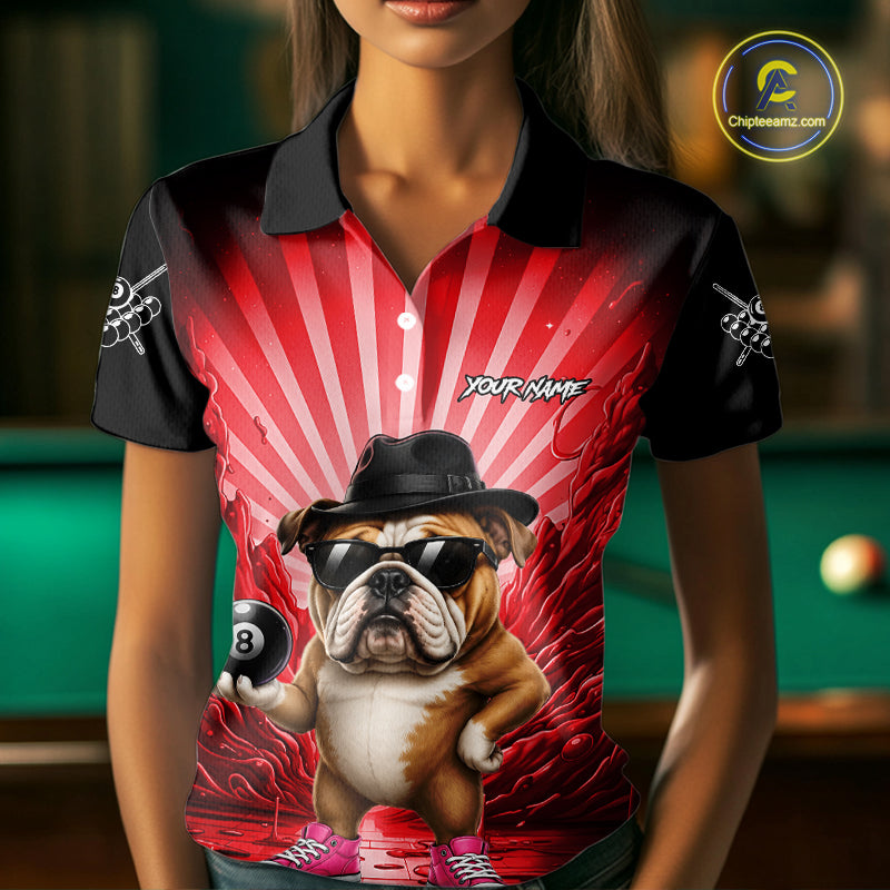 Funny Bulldog 8 Ball Billiard Shirt For Women Custom Red Graffiti Billiard Jersey Team Polo, 1/4 Zip TDM7901