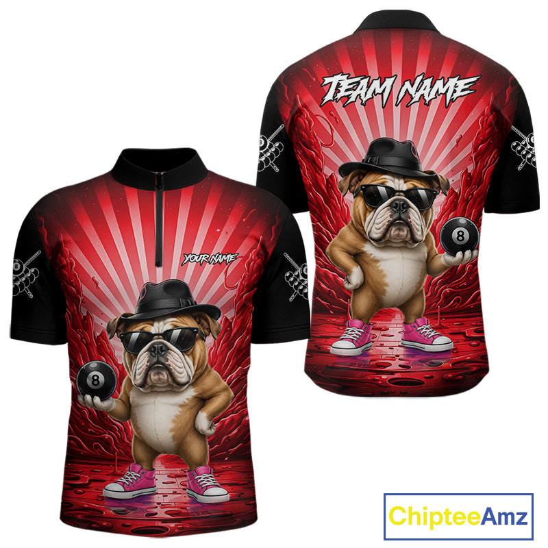 Funny Bulldog 8 Ball Billiard Shirt For Men Custom Red Graffiti Billiard Jersey Team Polo, 1/4 Zip TDM7901