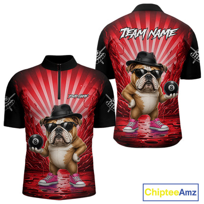 Funny Bulldog 8 Ball Billiard Shirt For Men Custom Red Graffiti Billiard Jersey Team Polo, 1/4 Zip TDM7901