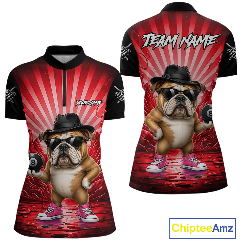 Funny Bulldog 8 Ball Billiard Shirt For Women Custom Red Graffiti Billiard Jersey Team Polo, 1/4 Zip TDM7901