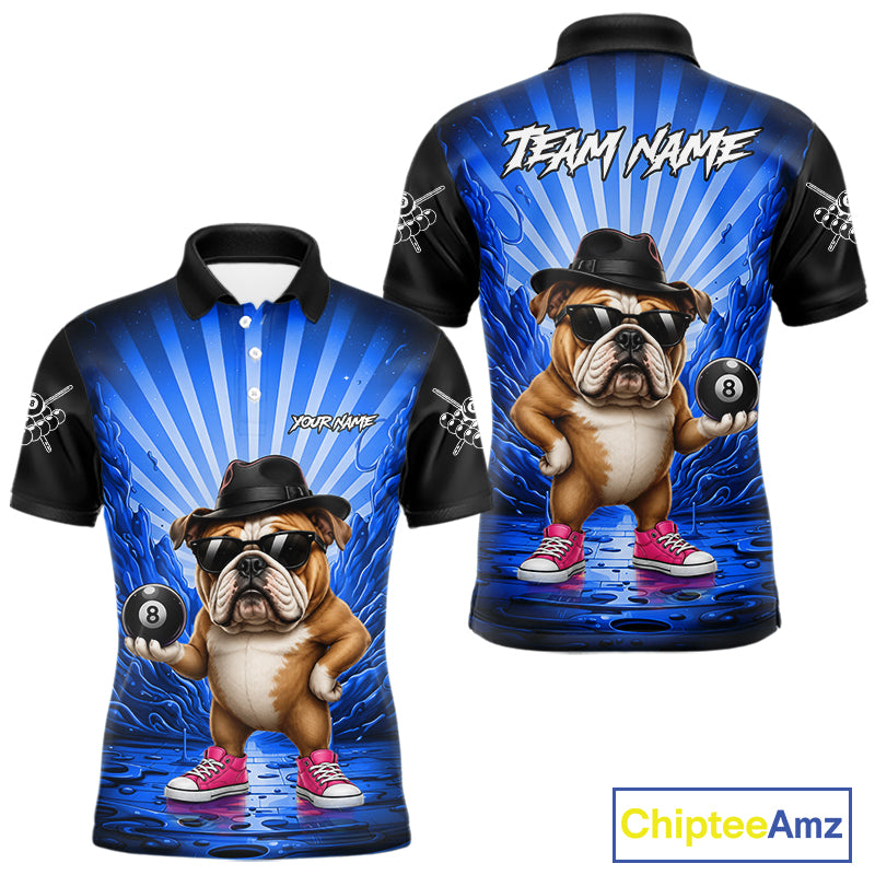 Funny Bulldog 8 Ball Billiard Shirt For Men Custom Blue Graffiti Billiard Jersey Team Polo, 1/4 Zip TDM7902