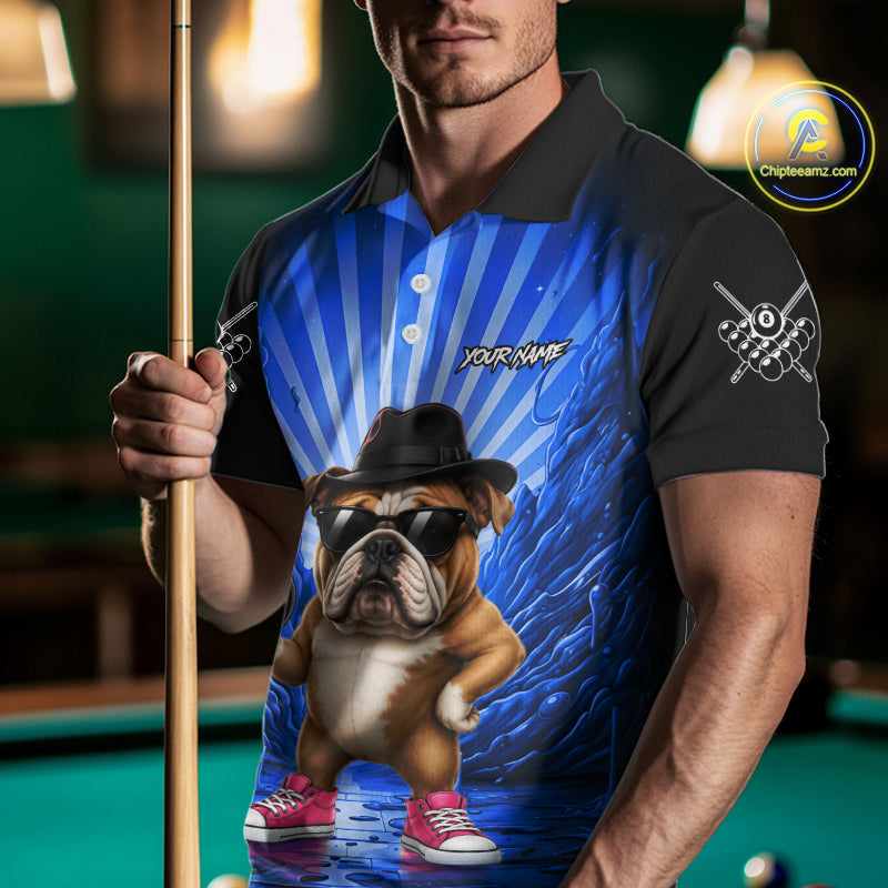 Funny Bulldog 8 Ball Billiard Shirt For Men Custom Blue Graffiti Billiard Jersey Team Polo, 1/4 Zip TDM7902