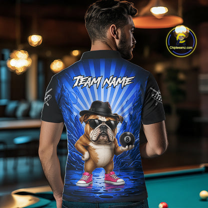 Funny Bulldog 8 Ball Billiard Shirt For Men Custom Blue Graffiti Billiard Jersey Team Polo, 1/4 Zip TDM7902
