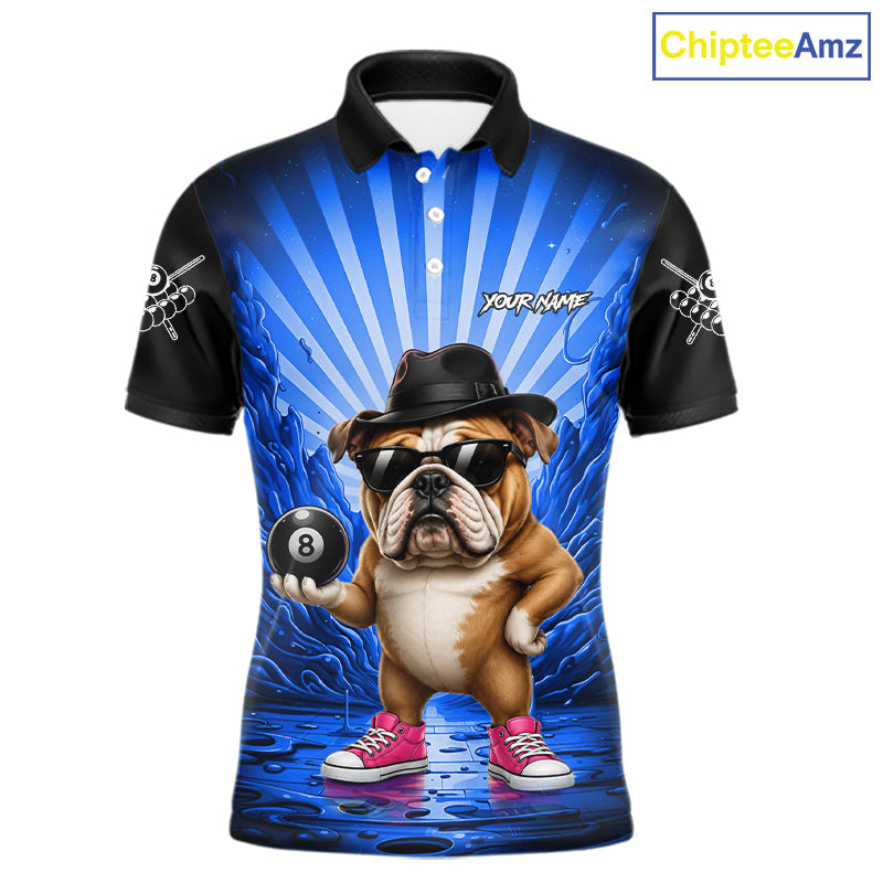 Funny Bulldog 8 Ball Billiard Shirt For Men Custom Blue Graffiti Billiard Jersey Team Polo, 1/4 Zip TDM7902