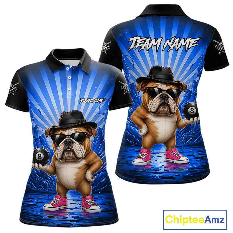 Funny Bulldog 8 Ball Billiard Shirt For Women Custom Blue Graffiti Billiard Jersey Team Polo, 1/4 Zip TDM7902