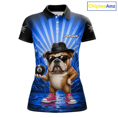 Funny Bulldog 8 Ball Billiard Shirt For Women Custom Blue Graffiti Billiard Jersey Team Polo, 1/4 Zip TDM7902