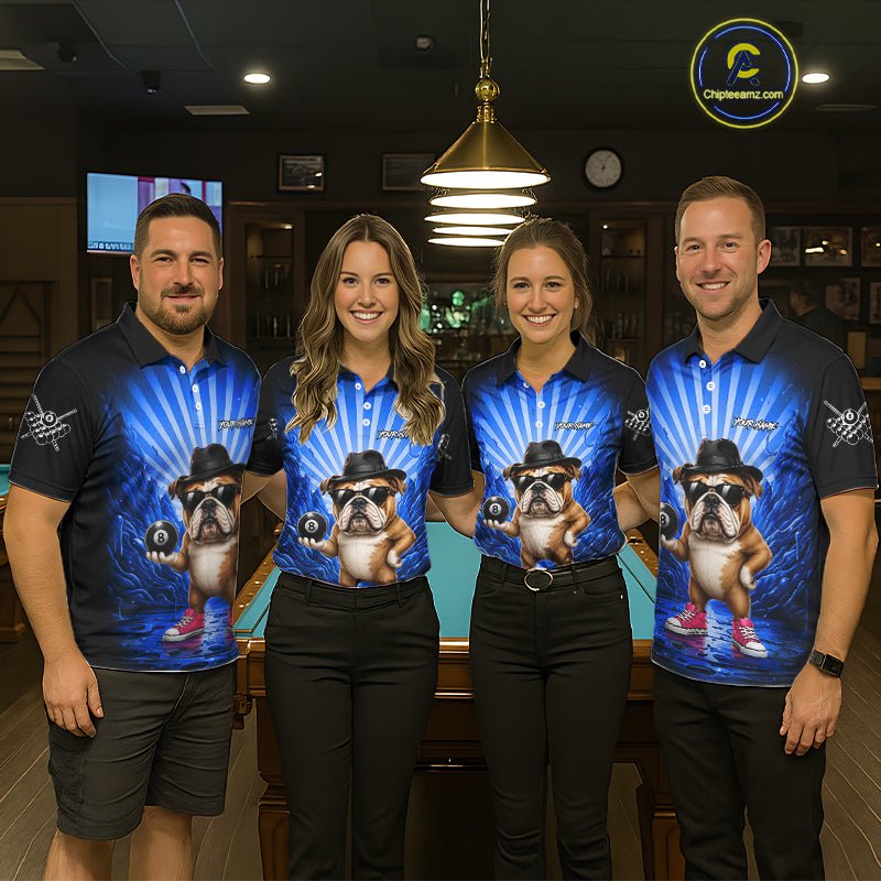 Funny Bulldog 8 Ball Billiard Shirt For Men Custom Blue Graffiti Billiard Jersey Team Polo, 1/4 Zip TDM7902