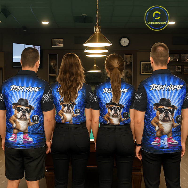 Funny Bulldog 8 Ball Billiard Shirt For Men Custom Blue Graffiti Billiard Jersey Team Polo, 1/4 Zip TDM7902