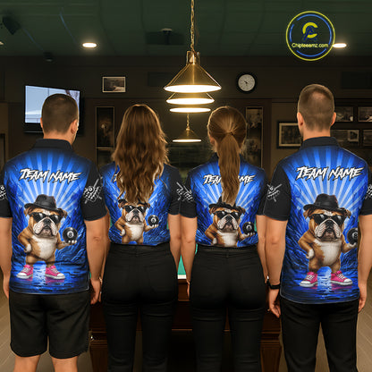 Funny Bulldog 8 Ball Billiard Shirt For Men Custom Blue Graffiti Billiard Jersey Team Polo, 1/4 Zip TDM7902