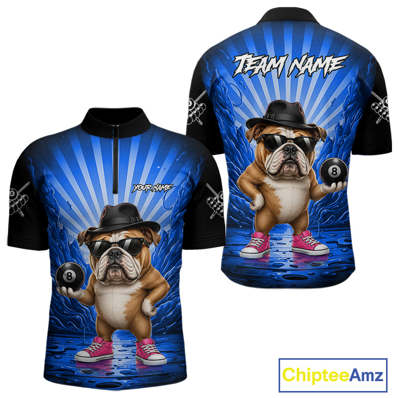 Funny Bulldog 8 Ball Billiard Shirt For Men Custom Blue Graffiti Billiard Jersey Team Polo, 1/4 Zip TDM7902