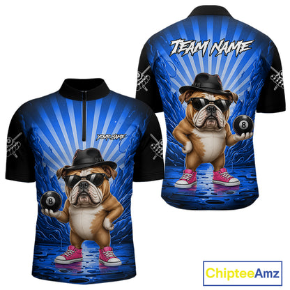 Funny Bulldog 8 Ball Billiard Shirt For Men Custom Blue Graffiti Billiard Jersey Team Polo, 1/4 Zip TDM7902