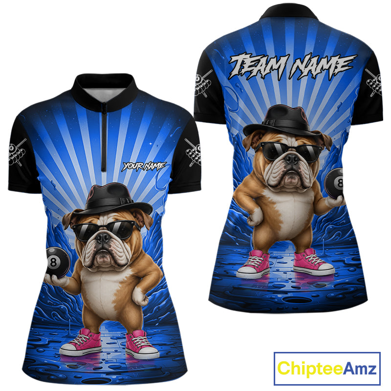 Funny Bulldog 8 Ball Billiard Shirt For Women Custom Blue Graffiti Billiard Jersey Team Polo, 1/4 Zip TDM7902