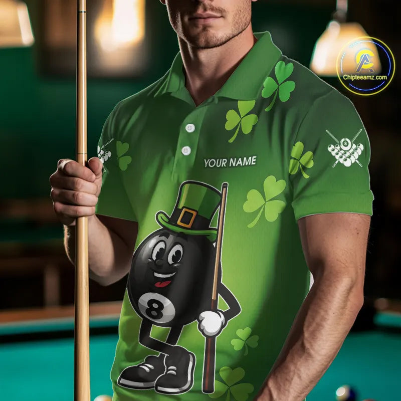 Green Funny 8 Ball Pool Shamrock Men's Billiard Shirt Custom St Patrick Day Billiard Team Jersey TDM5476