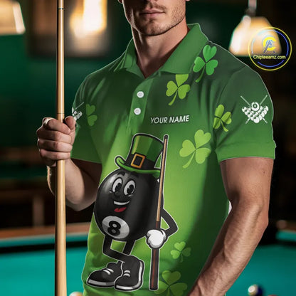Green Funny 8 Ball Pool Shamrock Men's Billiard Shirt Custom St Patrick Day Billiard Team Jersey TDM5476