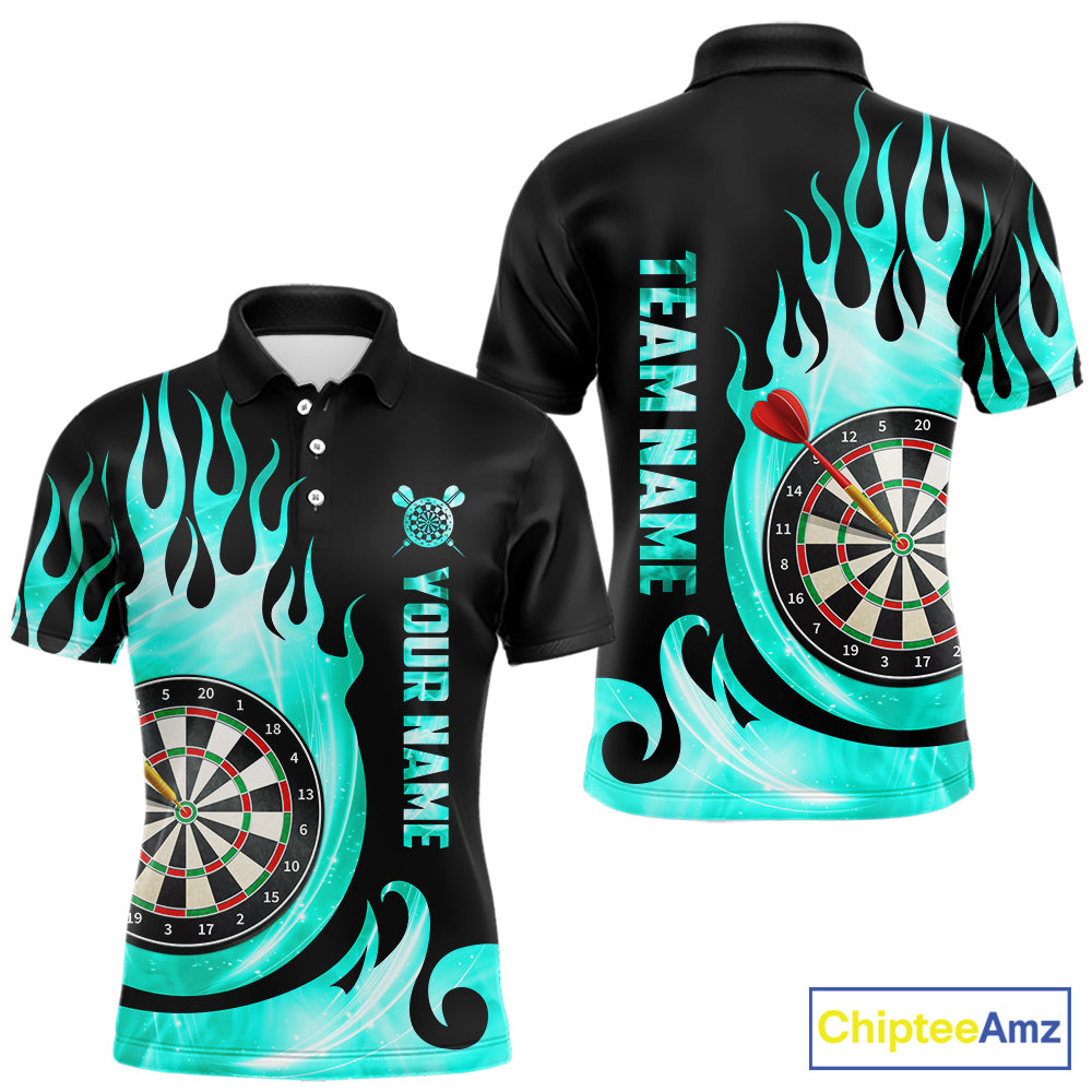 Black And Turquoise Flame Light Darts Polo & 1/4 Zip For Men Custom Darts League Team Jersey TDM5479