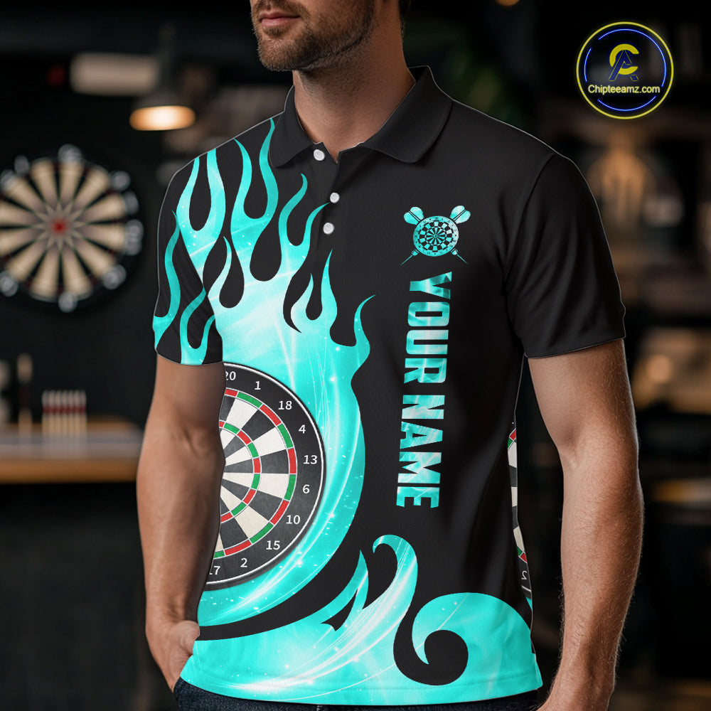 Black And Turquoise Flame Light Darts Polo & 1/4 Zip For Men Custom Darts League Team Jersey TDM5479