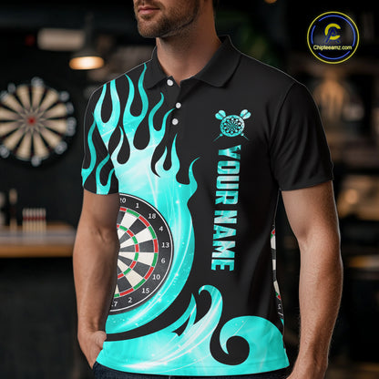 Black And Turquoise Flame Light Darts Polo & 1/4 Zip For Men Custom Darts League Team Jersey TDM5479
