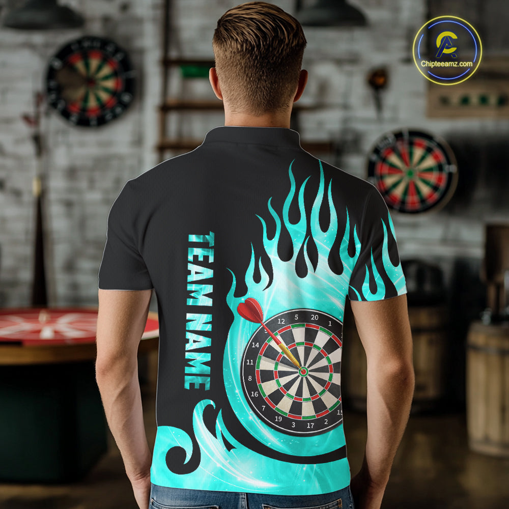 Black And Turquoise Flame Light Darts Polo & 1/4 Zip For Men Custom Darts League Team Jersey TDM5479